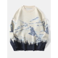 Men Landscape Mountain Drop Shoulder Loose Pullover Knitted Sweaters