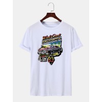 Men Cartoon Car Print Round Neck Hem Cuff Short Sleeve Casual T  Shirt