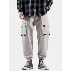 Mens Solid Color Applique Cotton Drawstring Cuffed Cargo Jogger Pants